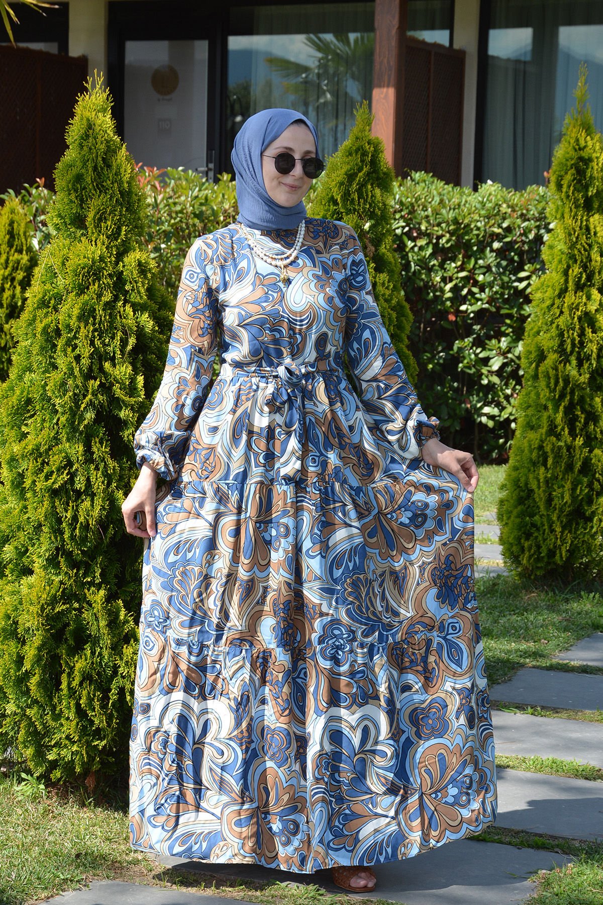 Bahamra Mavi Desenli Elbise