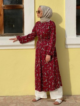 Bordo Şal Desenli Kumsal Tunik