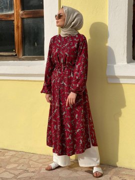 Bordo Şal Desenli Kumsal Tunik