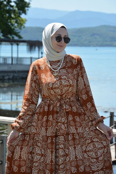 Alara Kiremit Desenli Elbise