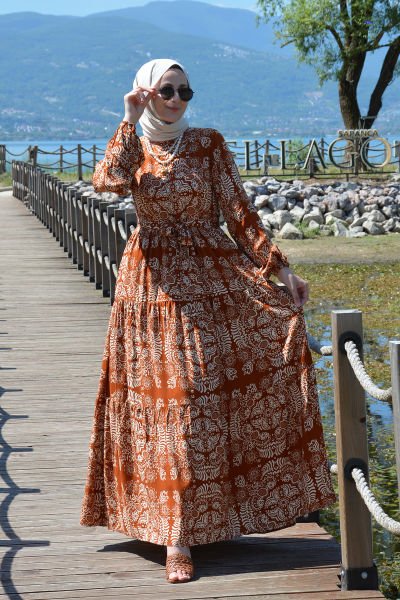 Alara Kiremit Desenli Elbise