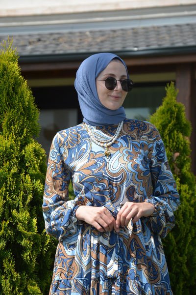 Bahamra Mavi Desenli Elbise