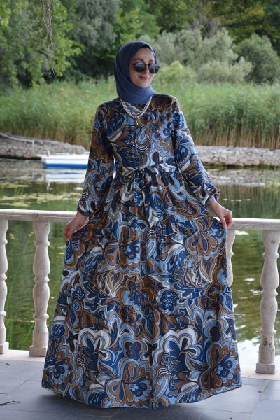 Bahamra Mavi Desenli Elbise