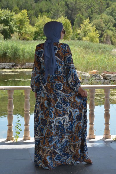 Bahamra Mavi Desenli Elbise